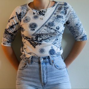 Vintage Map-Patterned Mid-Sleeve Shirt